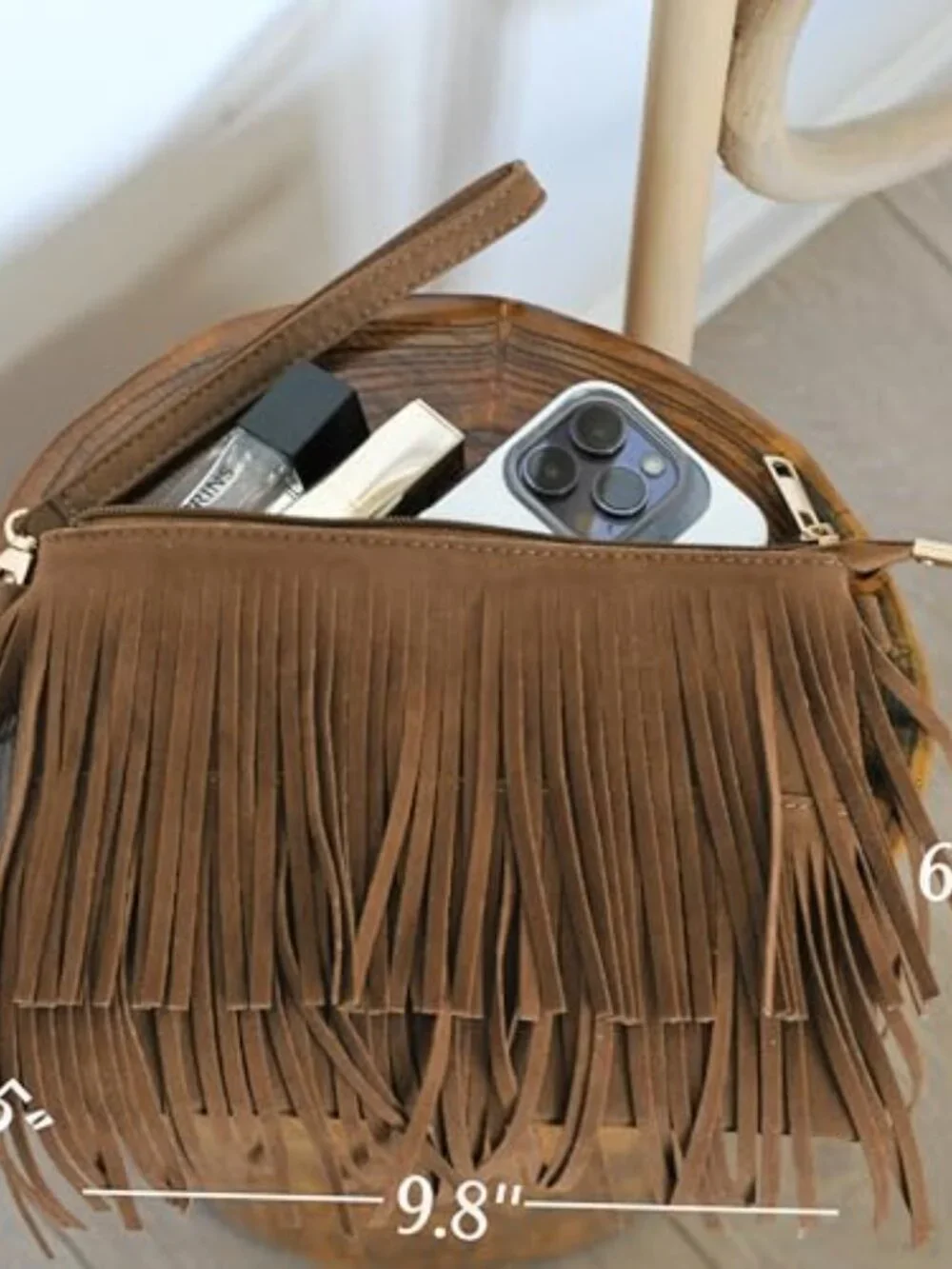 Faux Suede Leather Fringe Crossbody Bag with Wristlet & Chain Strap
